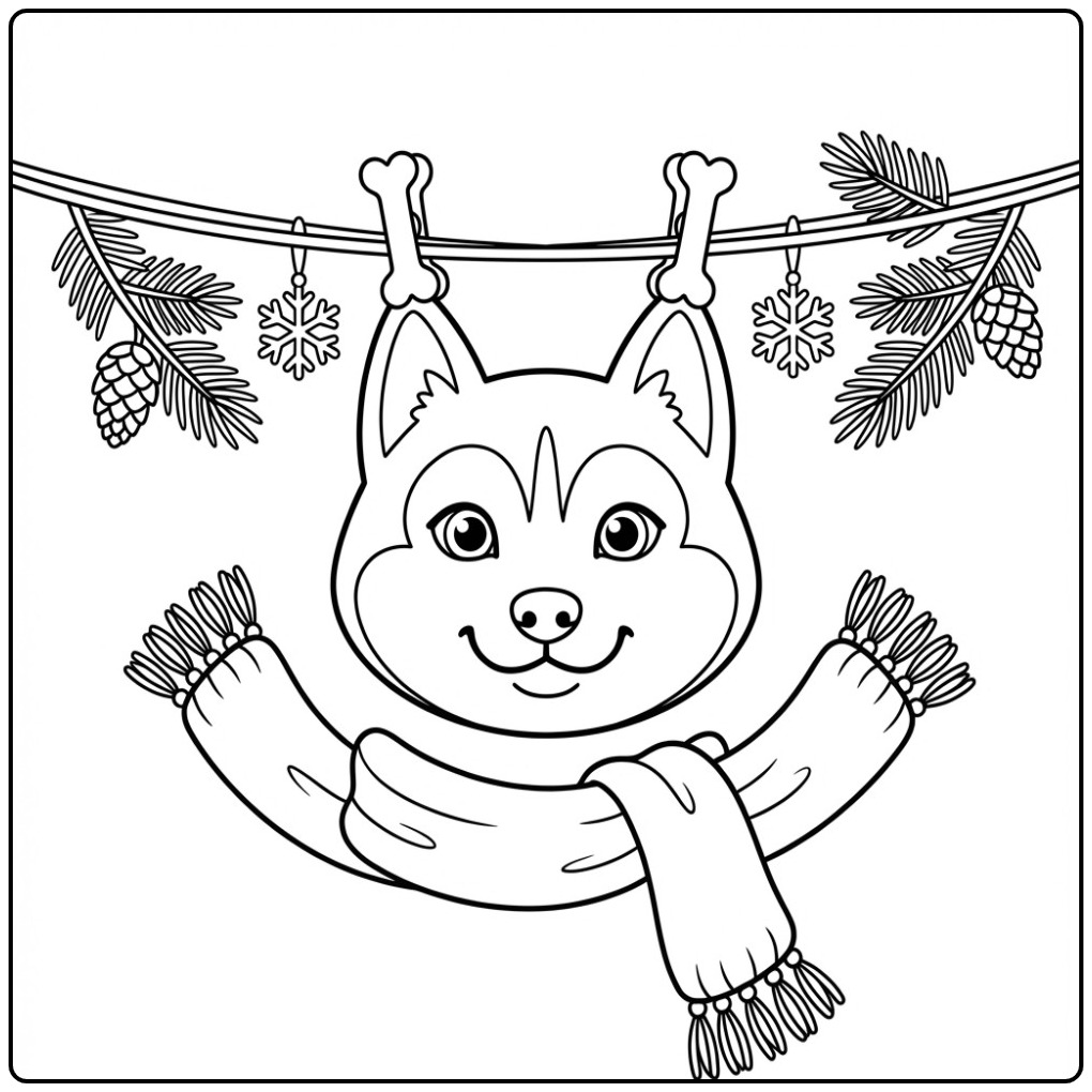 Siberische Husky honden masker kleurplaat met winterdecoratie.