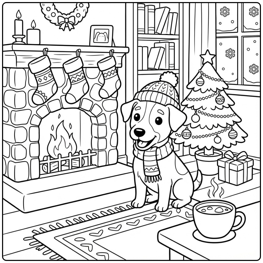 Gezellige kerst kleurplaat jack russel bij de open haard.