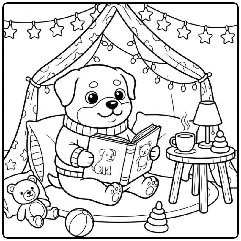 Een schattige rottweiler kleurplaat van een hond in een fort.