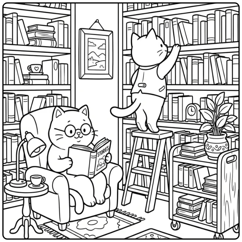 Leuke katten kleurplaat volwassenen in een bibliotheek.