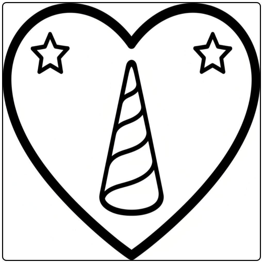 Een hart met daarin een magische unicorn hoorn kleurplaat.