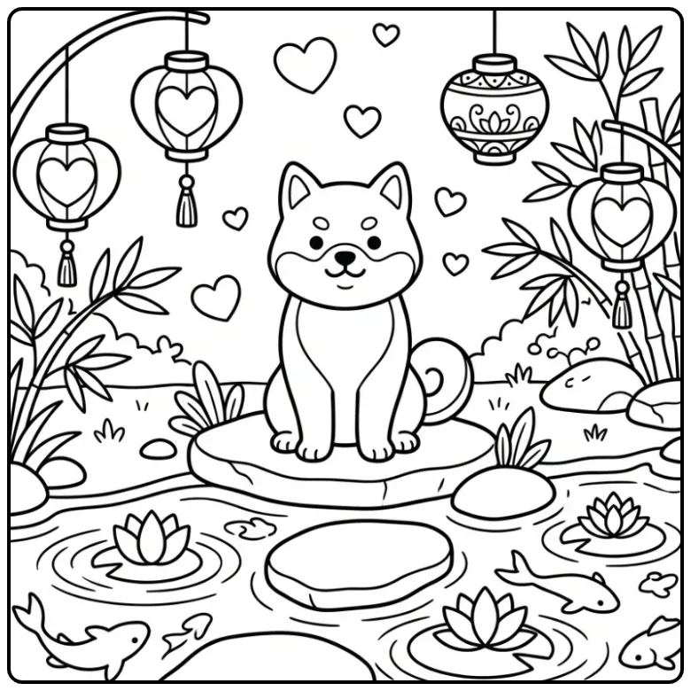 Schattige Shiba Inu kleurplaat hond met hartjes in een tuin.