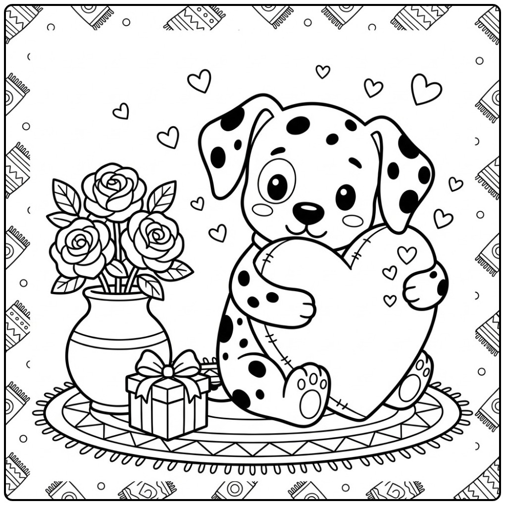 Een schattige kleurplaat dalmatier met een groot hartkussen.