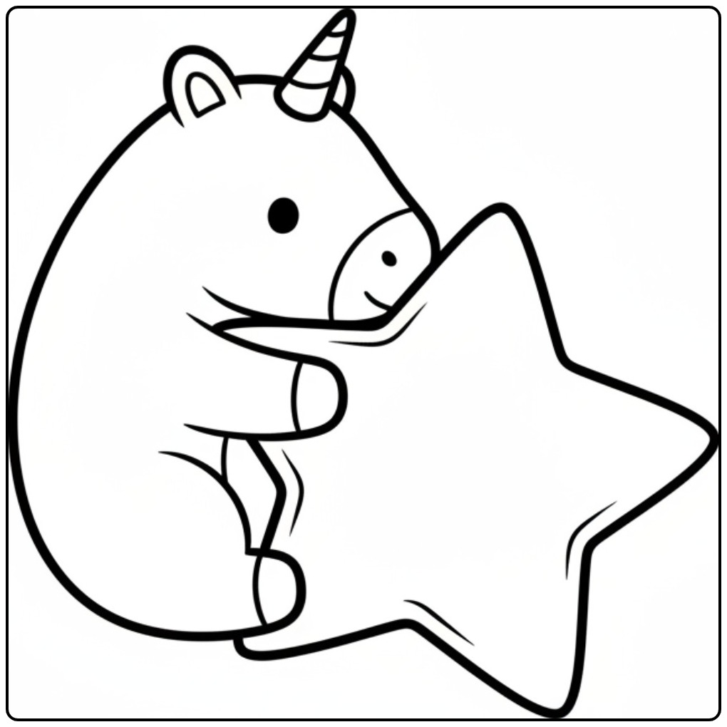 Een schattige baby unicorn kleurplaat die een grote ster knuffelt.