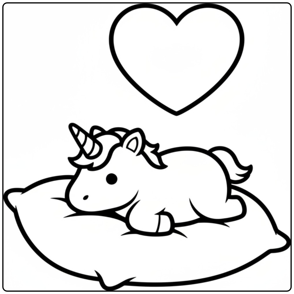 Schattige baby unicorn kleurplaat met een groot hart erboven.