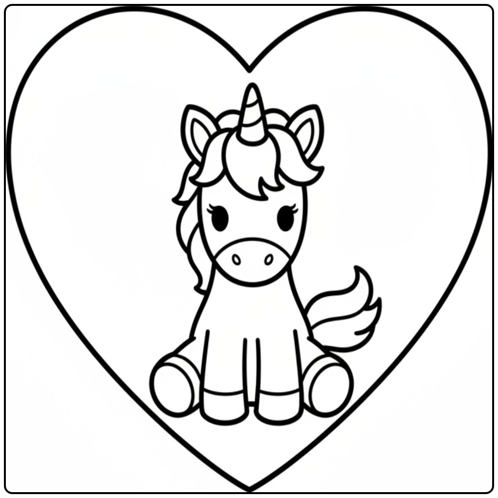 Een schattige baby unicorn kleurplaat zittend in een groot hart.