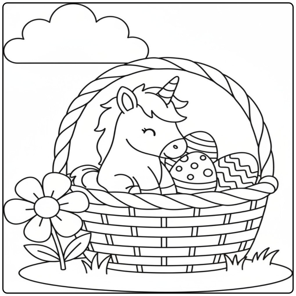 Schattige Baby unicorn Pasen kleurplaat in mand met eieren en bloem