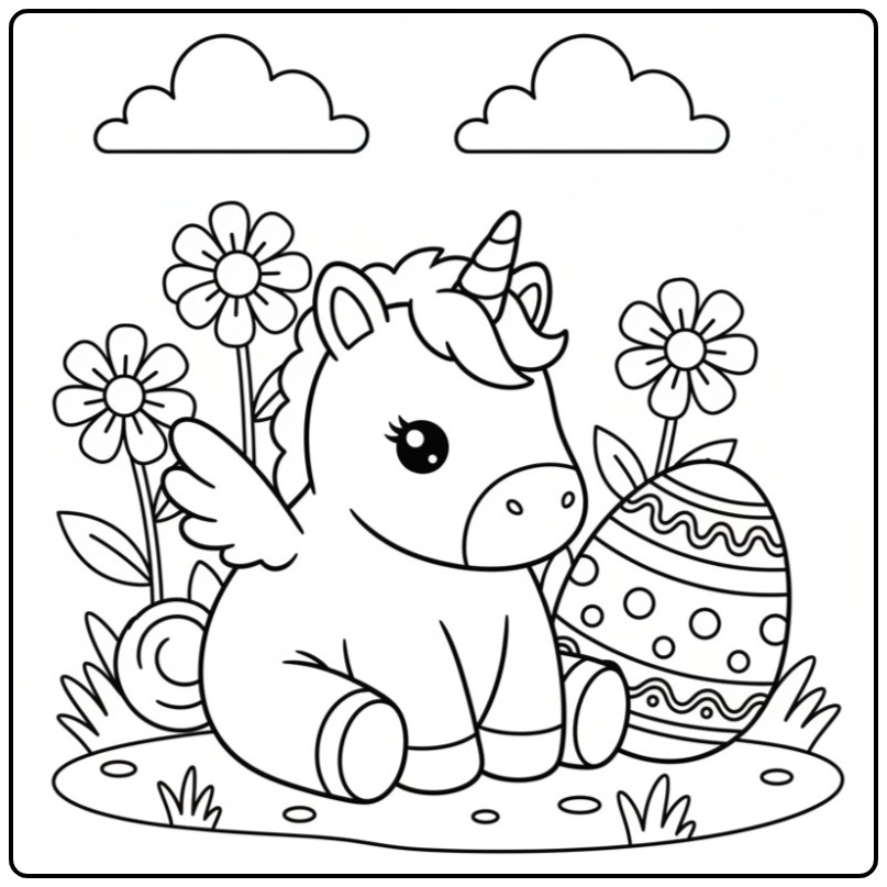 Schattige Baby unicorn Pasen kleurplaat met bloemen en ei.
