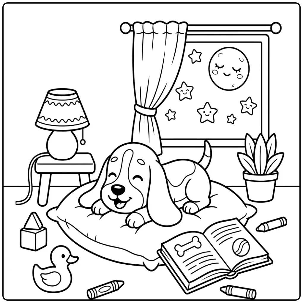 Schattige Basset Hound puppy kleurplaat makkelijk op kussen