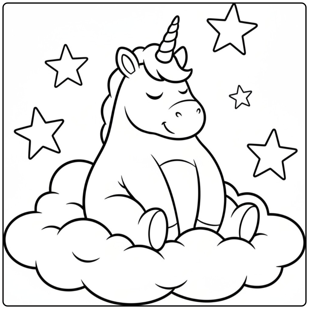 Zittende eenhoorn op een wolk, een unicorn kleurplaat makkelijk.