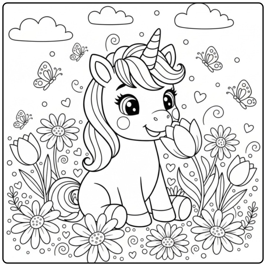 Een schattige Kleurplaat baby unicorn met bloemen en vlinders.