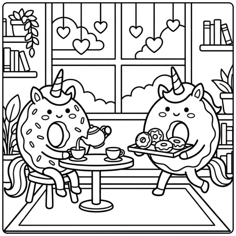 Gezellige kleurplaat donut unicorn die thee drinkt met een vriend.
