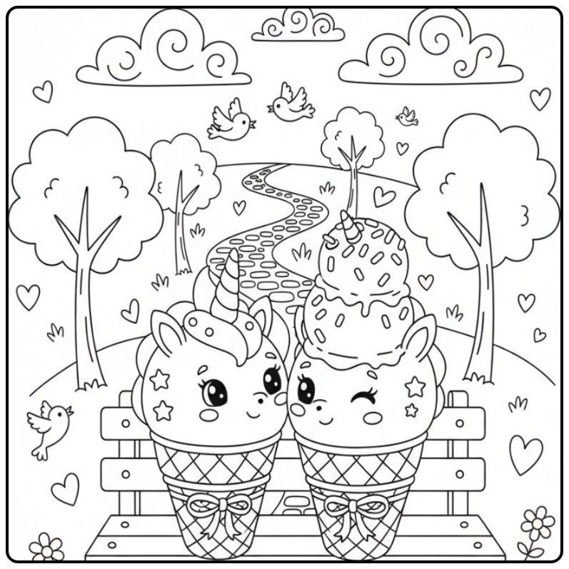 Kleurplaat eenhoorn met ijsje in een hoorntje op een bankje in het park.