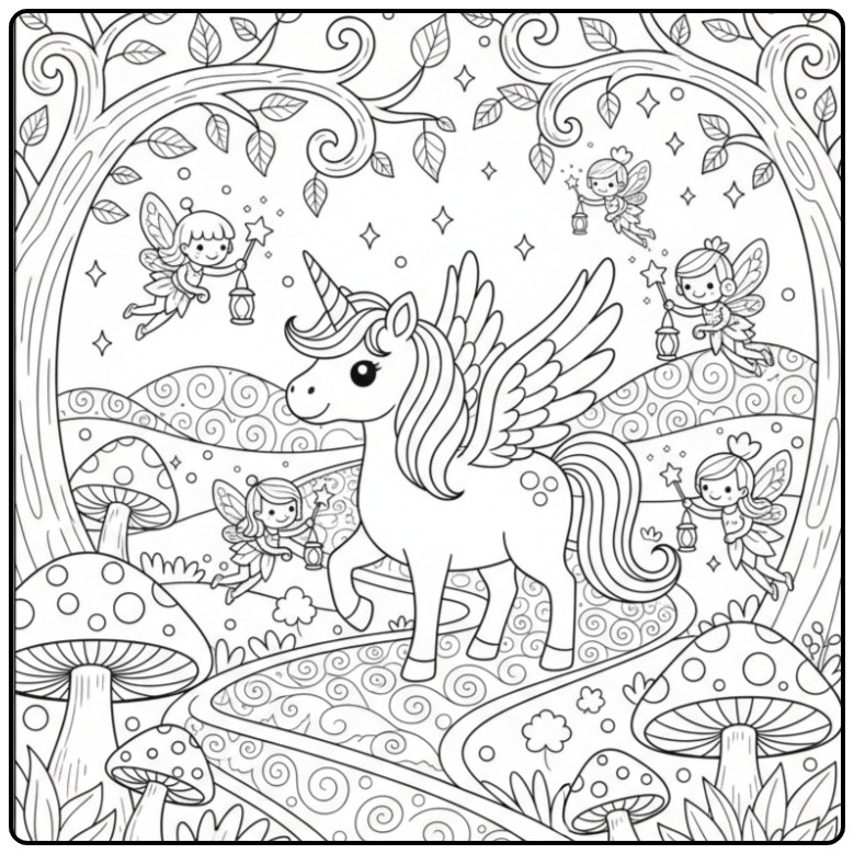 Magische Kleurplaat eenhoorn met vleugels en feeënvriendjes.