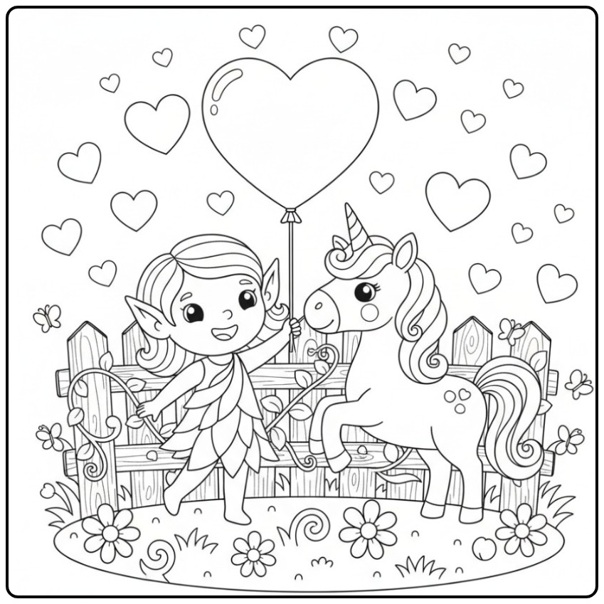 Vrolijke Kleurplaat elfje en eenhoorn met hartjes en ballon.