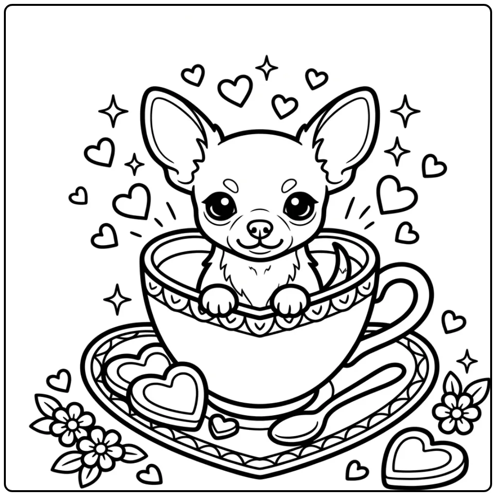 Leuke kleurplaat hond met hartjes van een chihuahua in een kopje.