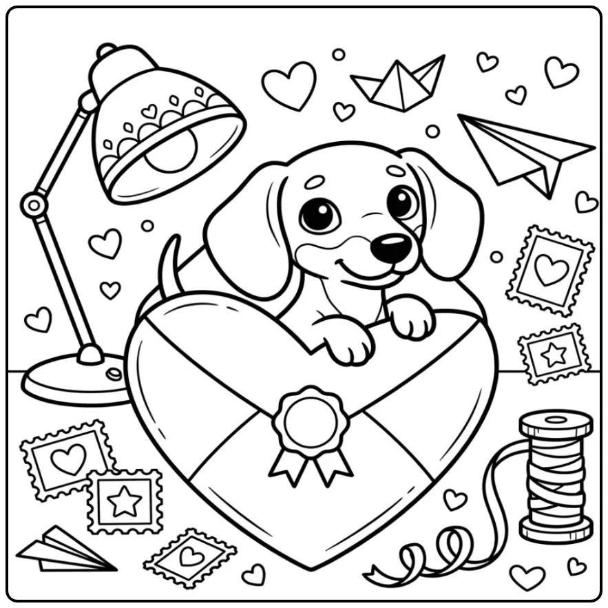 Schattige kleurplaat hondje met hartje in een open envelop.