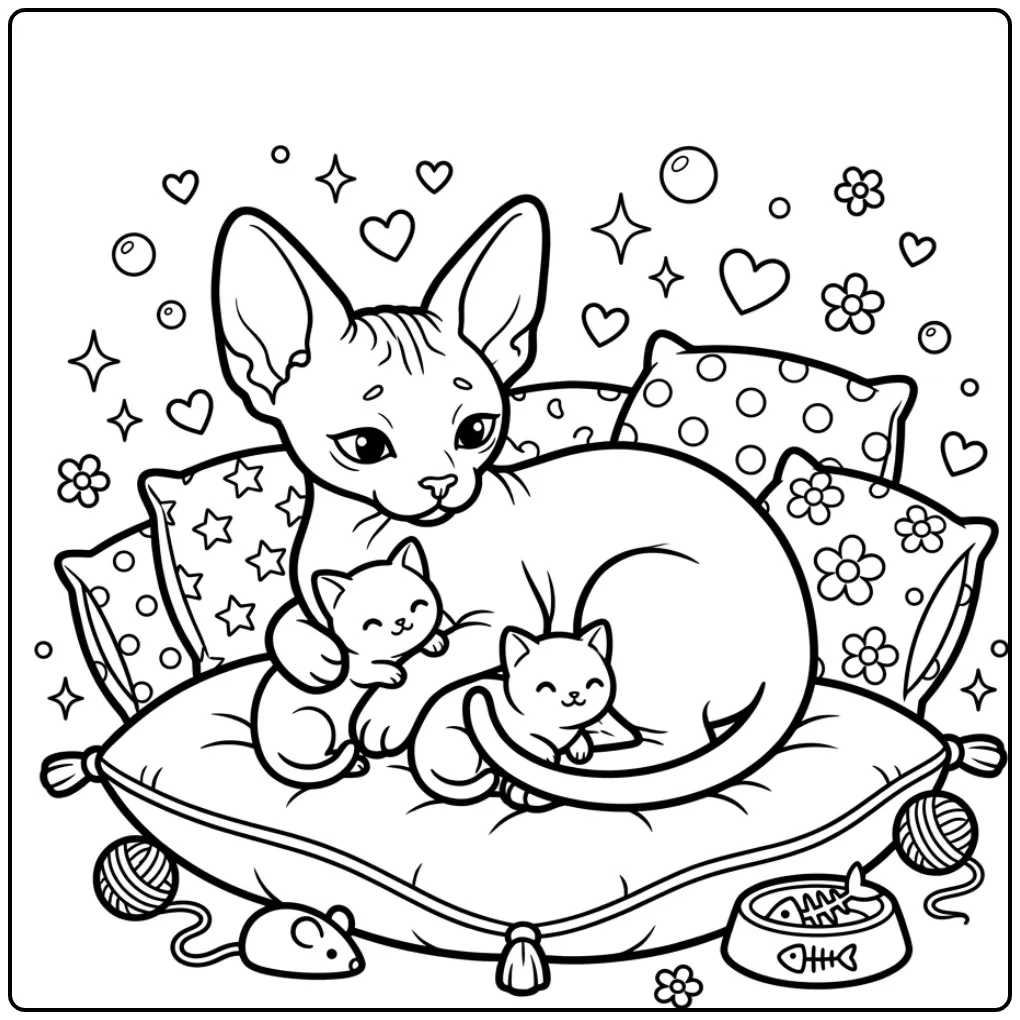 Schattige kleurplaat kat met kittens, Sphynx moeder knuffelt.