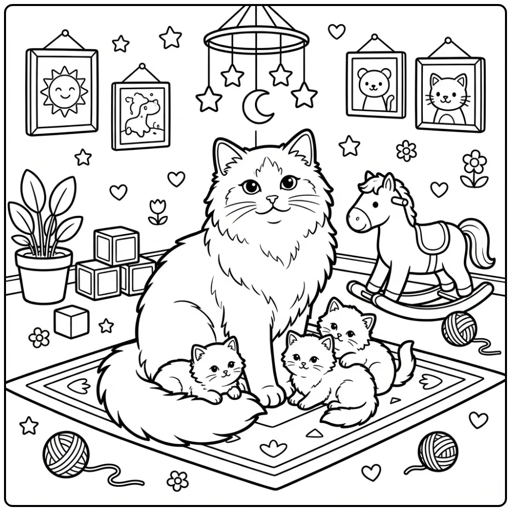 Schattige kleurplaat kat met kittens in een speelse kamer.