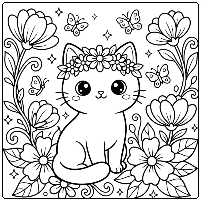 Schattige kleurplaat kawaii kat met bloemenkroon en vlinders