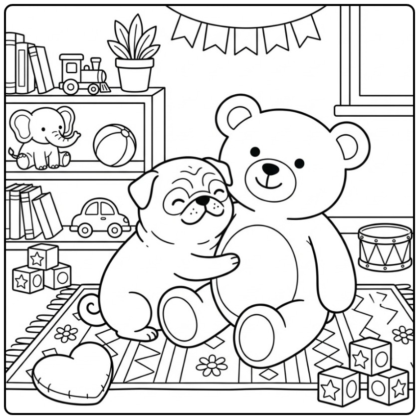 Een schattige kleurplaat mopshond die een teddybeer knuffelt.