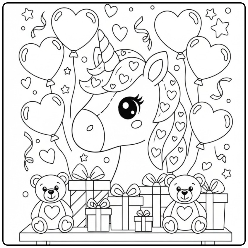 Schattige Kleurplaat unicorn hoofd Valentijn met cadeautjes.