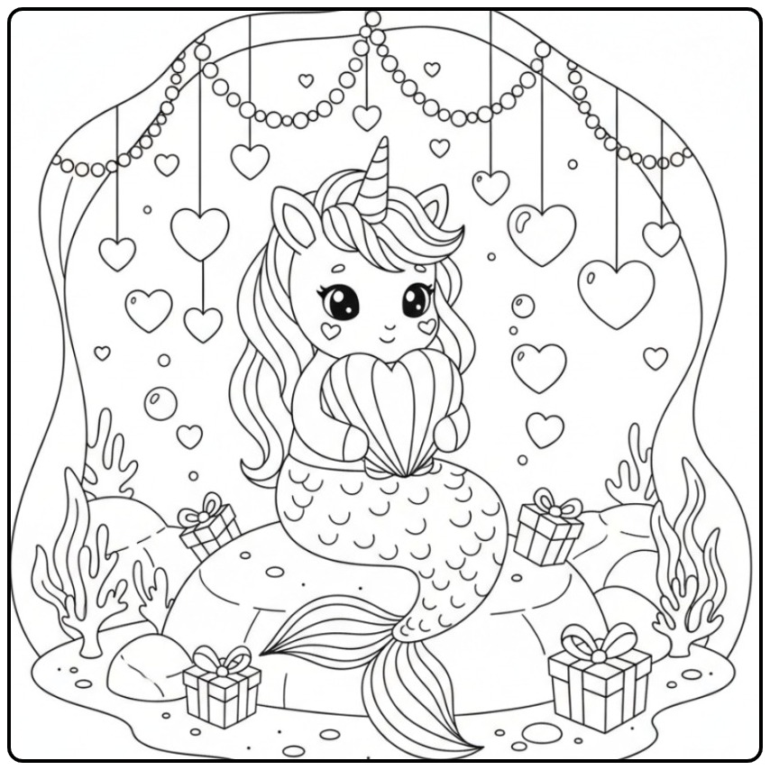 Schattige Kleurplaat unicorn zeemeermin met hartjes valentijn.