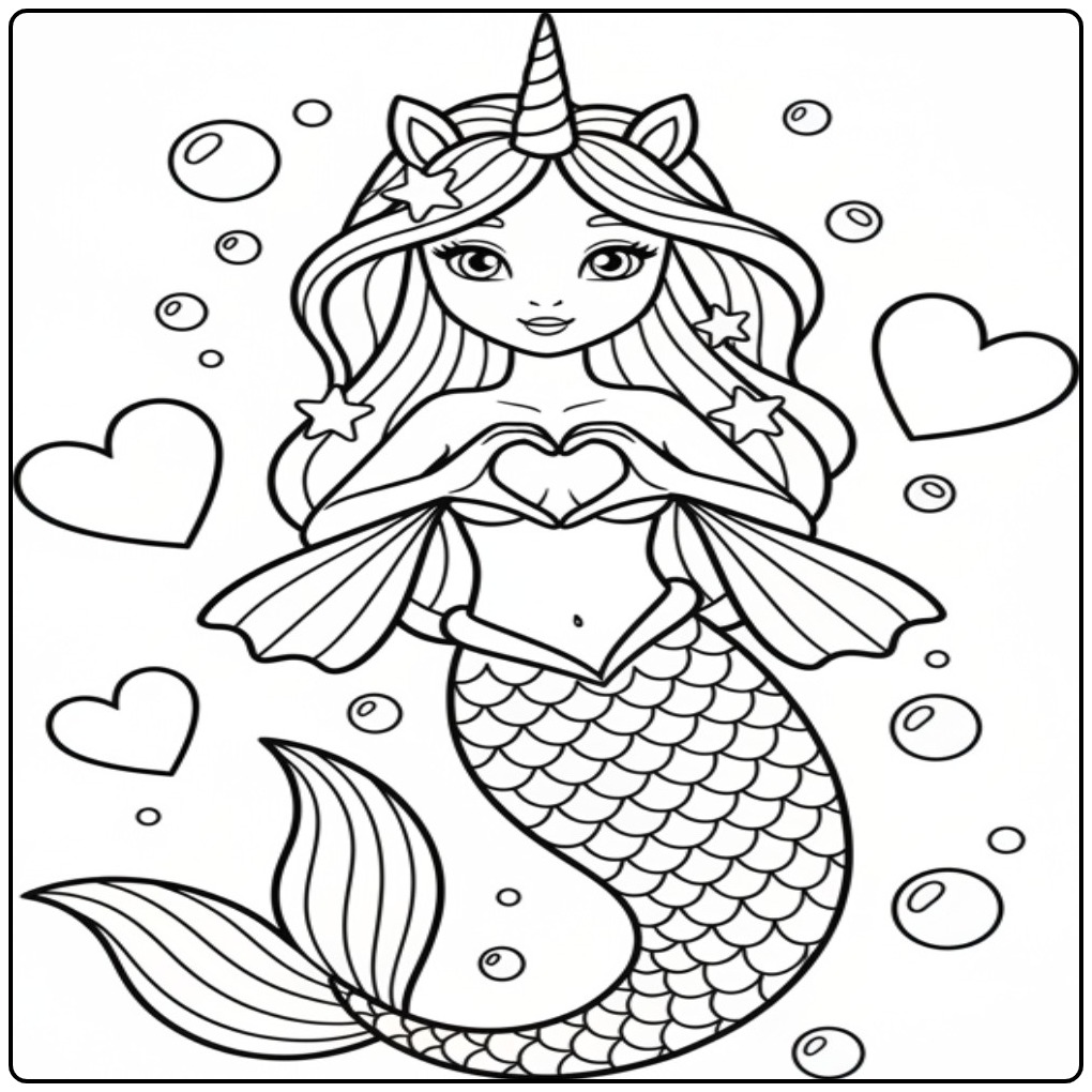 Leuke kleurplaat unicorn zeemeermin die een hartje maakt.