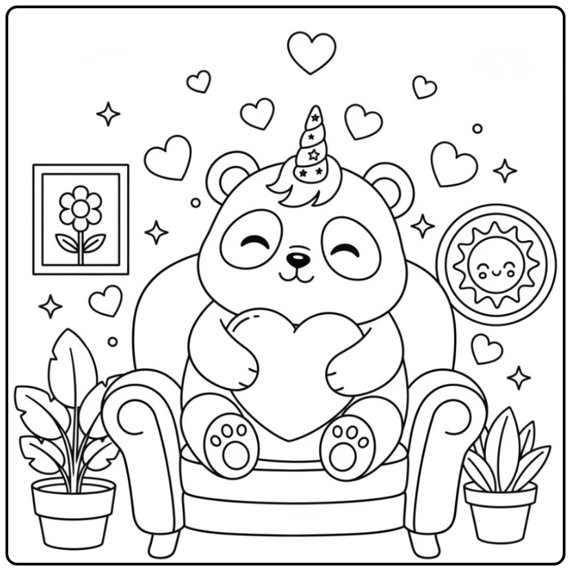 Leuke kleurplaat unicornpanda hartjes in een gezellige kamer.