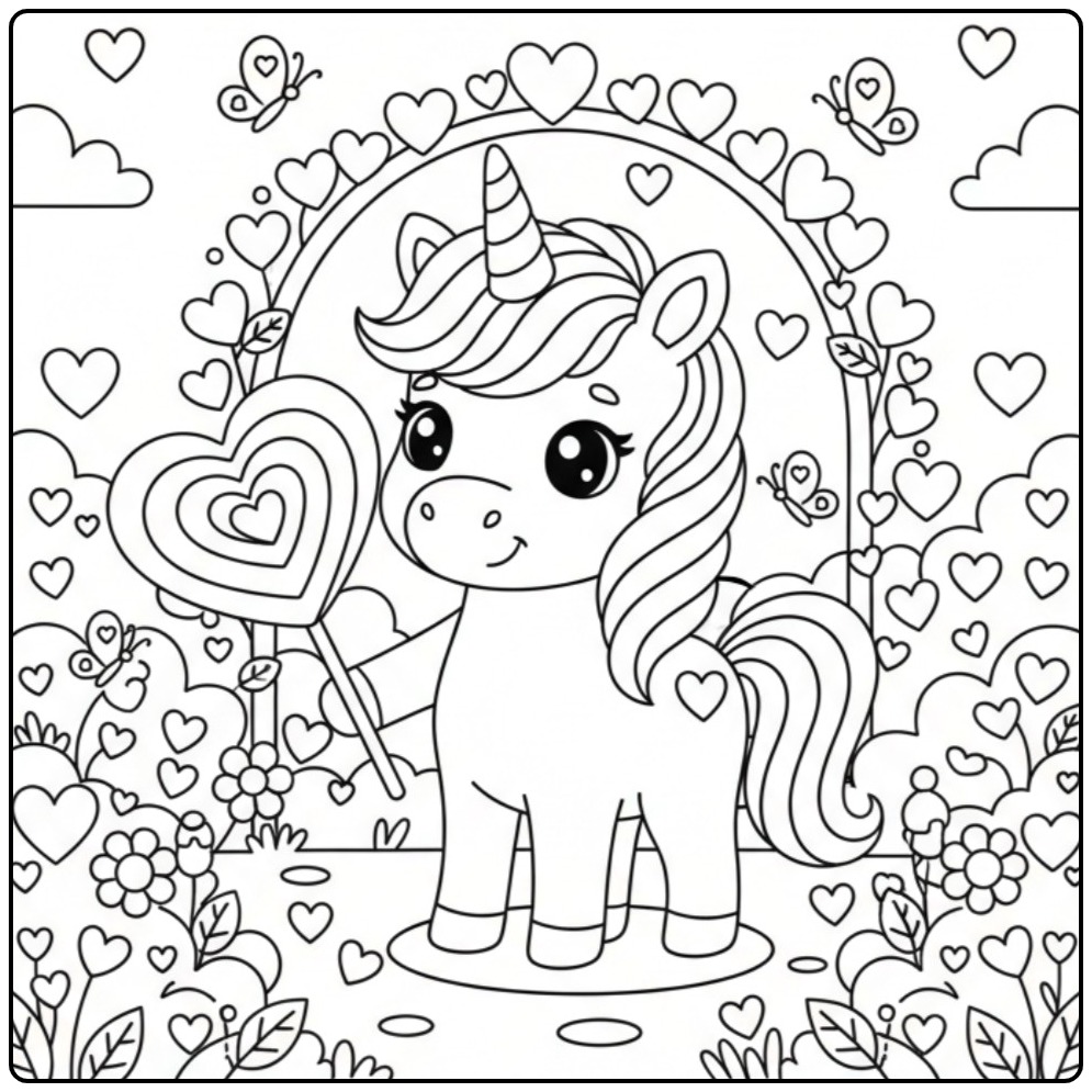 Schattige kleurplaat van baby unicorn met hartje lolly.