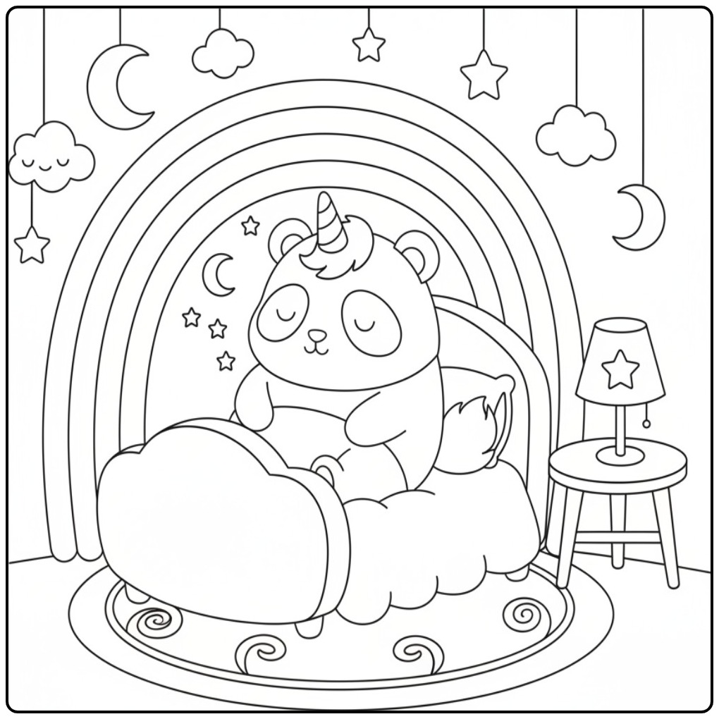 Slapende pandacorn in een wolkjesbed, kleurplaat unicornpanda regenboog.