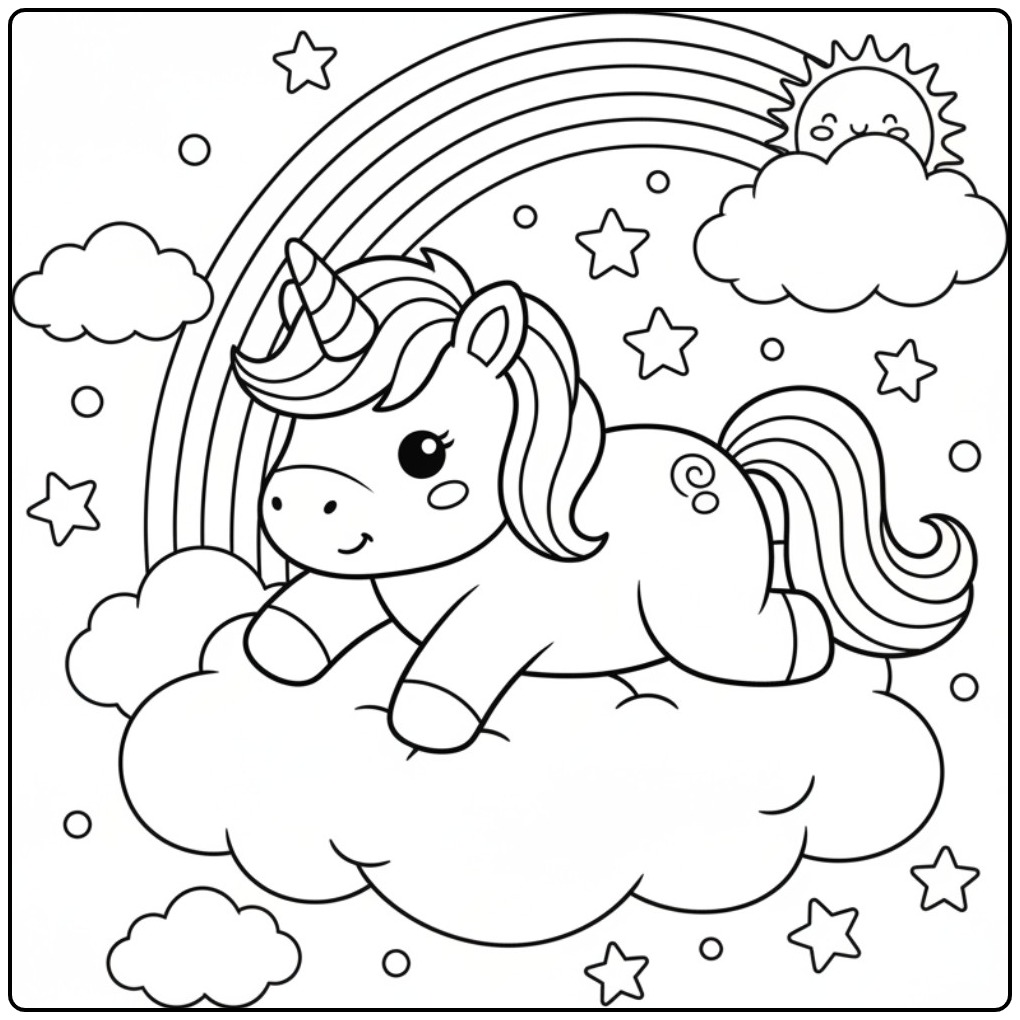 Vrolijke Schattige eenhoorn en regenboog kleurplaat op een wolk.