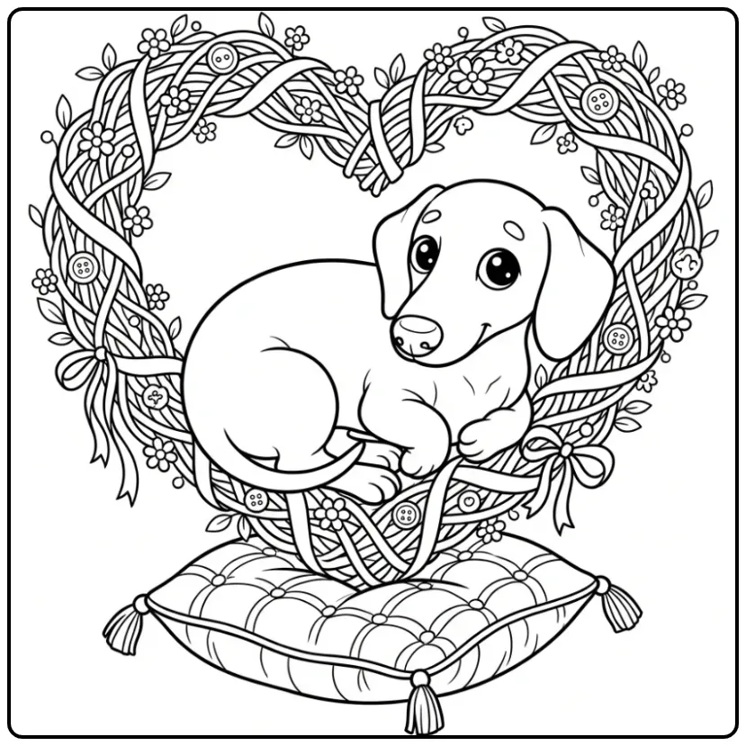 Een schattige teckel in een krans, kleurplaat hond met hartjes.