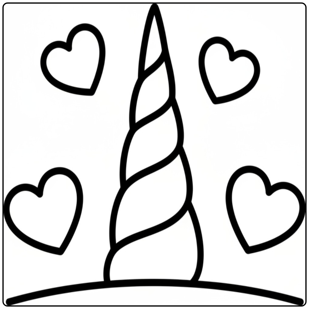 Een makkelijke unicorn hoorn kleurplaat omringd door hartjes.