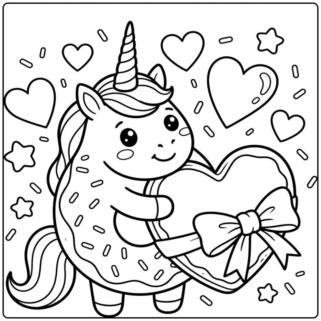 Schattige Valentijn donut eenhoorn kleurplaat met een hart.