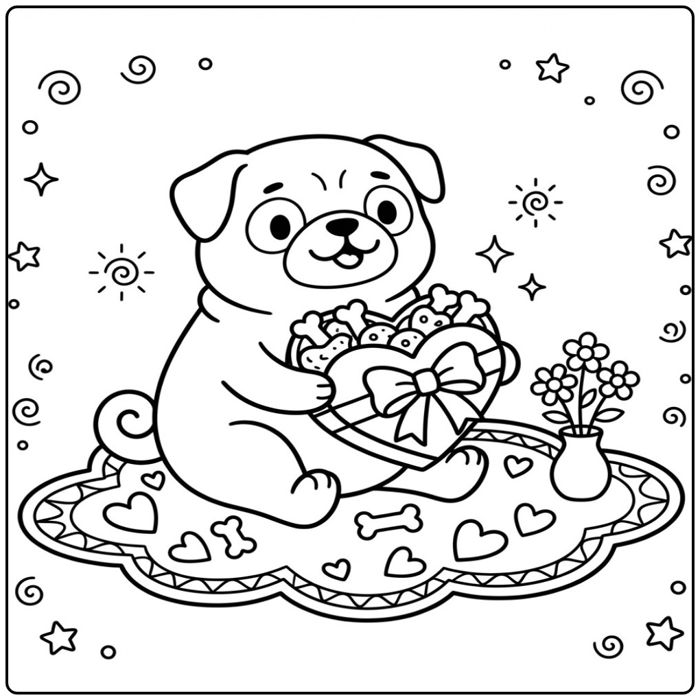 Schattige kleurplaat mopshond met een doos vol lekkers.