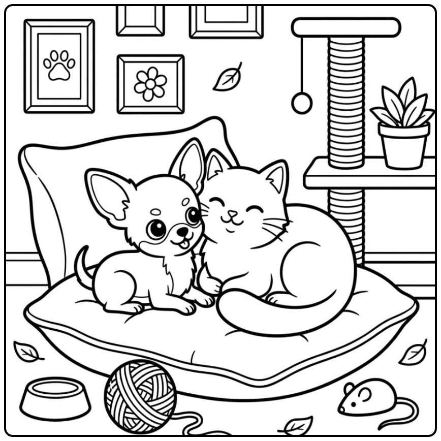 Een schattige kleurplaat chihuahua en een kat op een kussen.