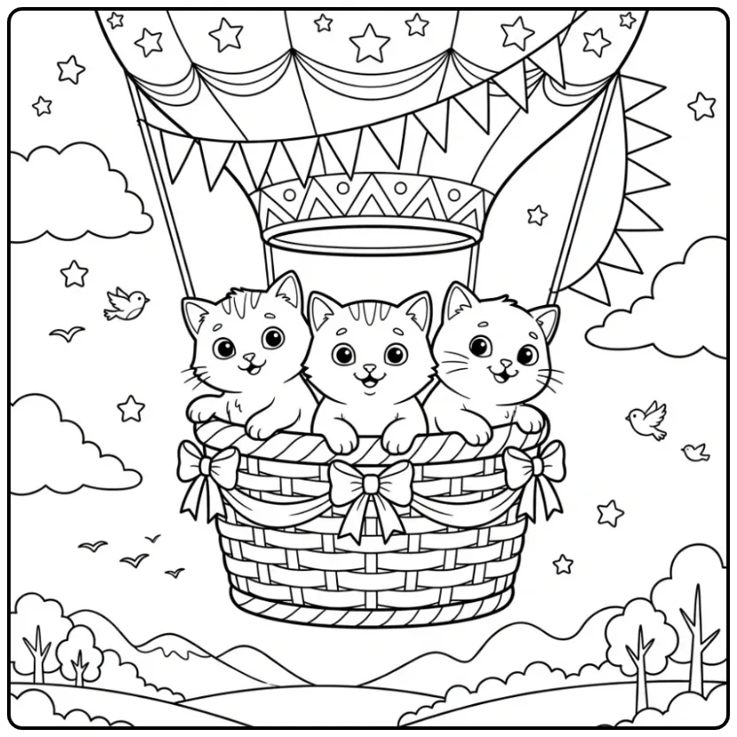 Drie poesjes vliegen, kleurplaat schattige katjes.