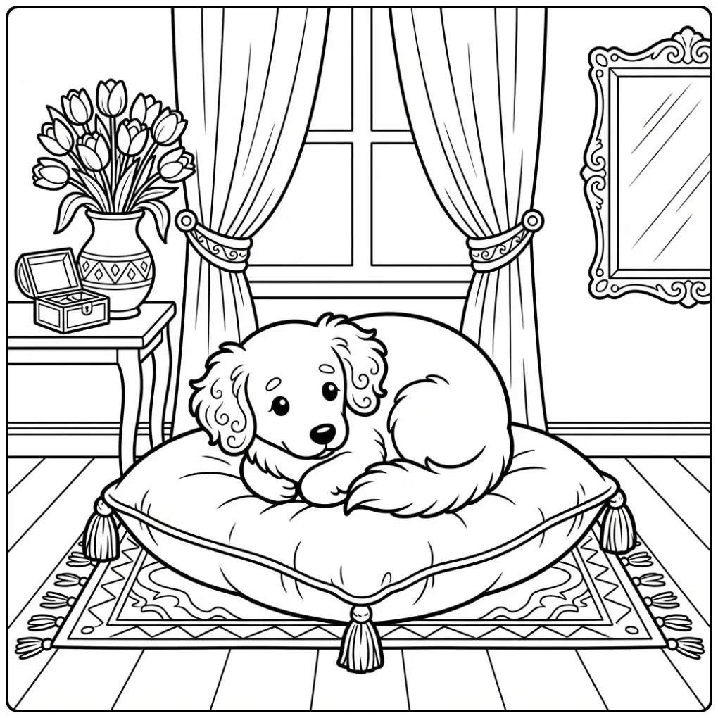 Gezellige kleurplaat hond volwassenen op een fluwelen kussen.