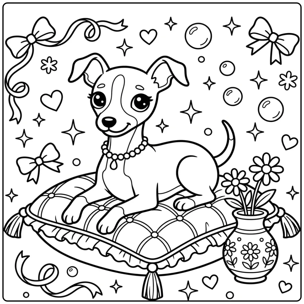 Kawaii kleurplaat schattige puppy op een kussen.