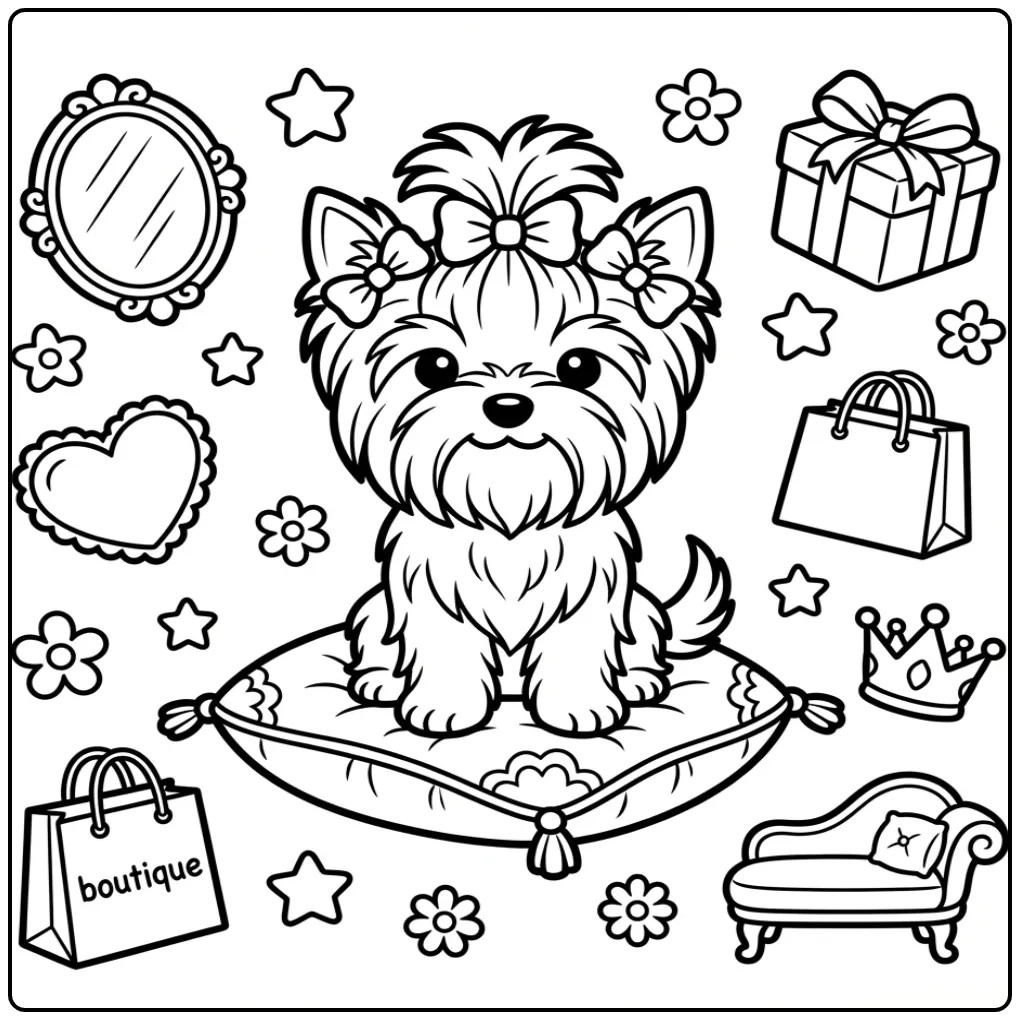 Kleurplaat hond schattig: Yorkie in boetiek met strikken.