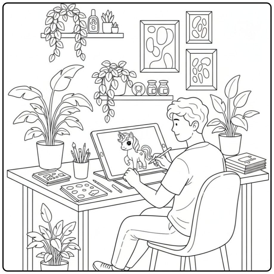 Artistieke jongen tekent een baby unicorn kleurplaat op tablet.