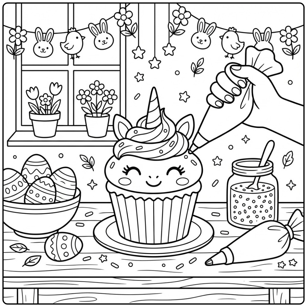 Een vrolijke Pasen eenhoorn cupcake kleurplaat die versierd wordt.