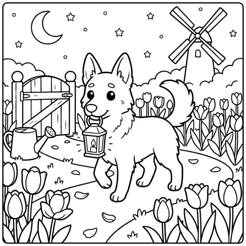 Een Hollandse Herder als kleurplaat hond volwassenen in een tuin.