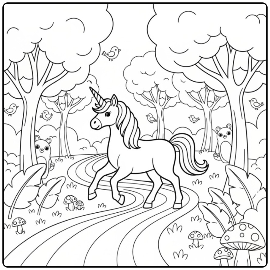 Een blije eenhoorn op een bospad, een unicorn kleurplaat makkelijk.