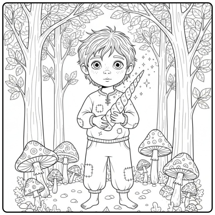 Jongen in een bos met een magische unicorn hoorn kleurplaat.