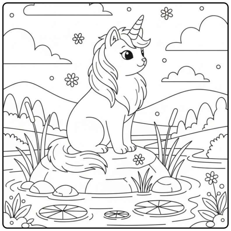Een schattige unicorn kat kleurplaat zittend op een rots.