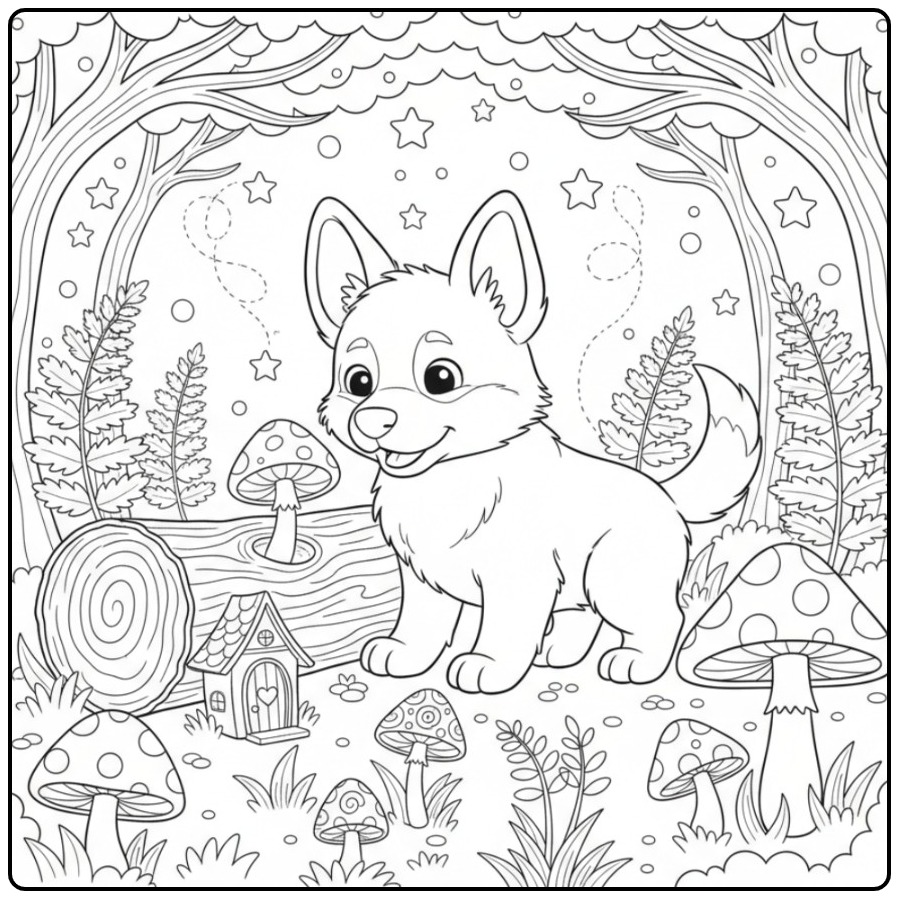 Schattige kleurplaat duitse herder puppy in een sprookjesbos.