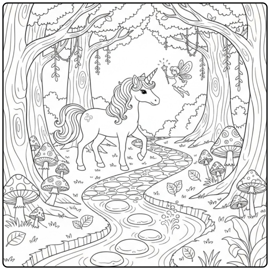 Een kleurplaat eenhoorn schattig met een fee in een magisch bos.