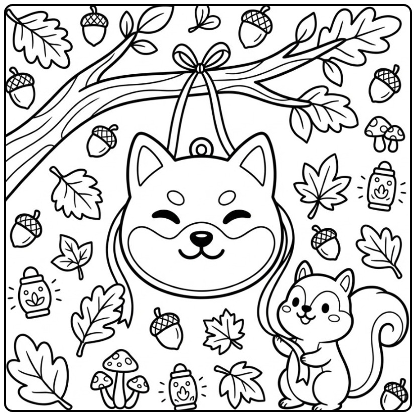 Een schattige Shiba Inu honden masker kleurplaat met eekhoorn.